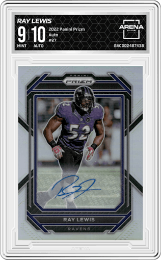 Ray Lewis from the 2022 Panini Prizm set graded by Arena Club and given an overall grade of 9.