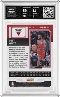 Coby White from the 2023-24 Panini Contenders Optic set featuring a Gold parallel graded by Arena Club and given an overall grade of 9.5.