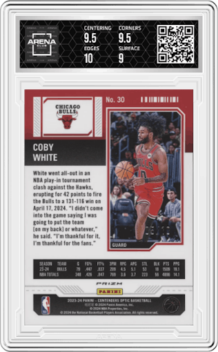 Coby White from the 2023-24 Panini Contenders Optic set featuring a Gold parallel graded by Arena Club and given an overall grade of 9.5.