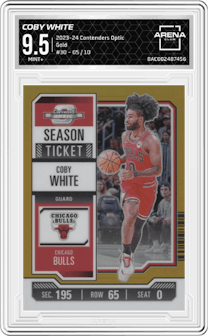 Coby White from the 2023-24 Panini Contenders Optic set featuring a Gold parallel graded by Arena Club and given an overall grade of 9.5.