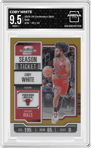 Coby White from the 2023-24 Panini Contenders Optic set featuring a Gold parallel graded by Arena Club and given an overall grade of 9.5.