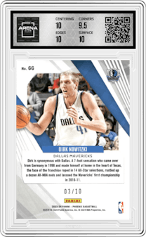 Dirk Nowitzki from the 2023-24 Panini Phoenix set featuring a Gold International parallel graded by Arena Club and given an overall grade of 10.