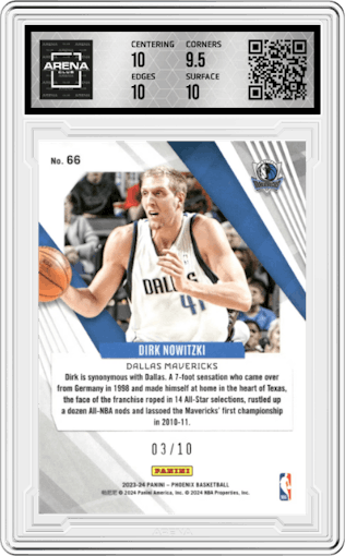 Dirk Nowitzki from the 2023-24 Panini Phoenix set featuring a Gold International parallel graded by Arena Club and given an overall grade of 10.