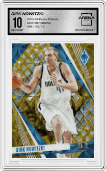 Dirk Nowitzki from the 2023-24 Panini Phoenix set featuring a Gold International parallel graded by Arena Club and given an overall grade of 10.