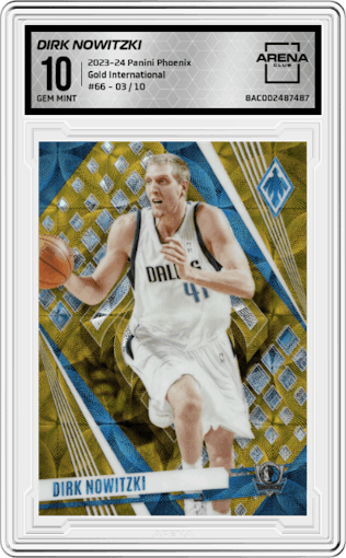 Dirk Nowitzki from the 2023-24 Panini Phoenix set featuring a Gold International parallel graded by Arena Club and given an overall grade of 10.