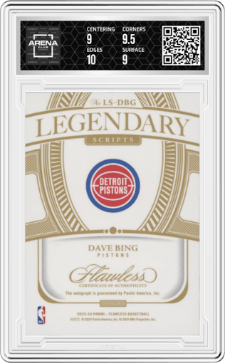 Dave Bing from the 2023-24 Panini Flawless set featuring a Gold parallel graded by Arena Club and given an overall grade of 9.5.