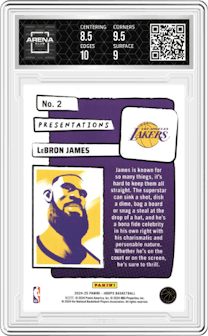 LeBron James from the 2024-25 Panini NBA Hoops set graded by Arena Club and given an overall grade of 9.