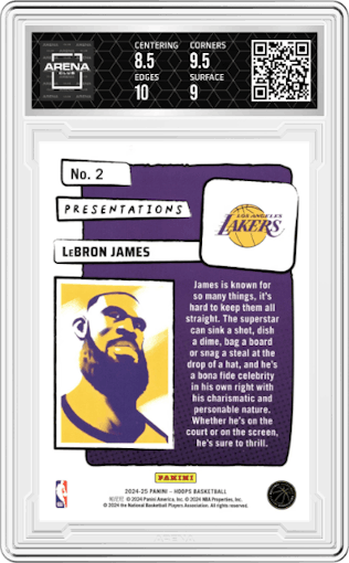 LeBron James from the 2024-25 Panini NBA Hoops set graded by Arena Club and given an overall grade of 9.