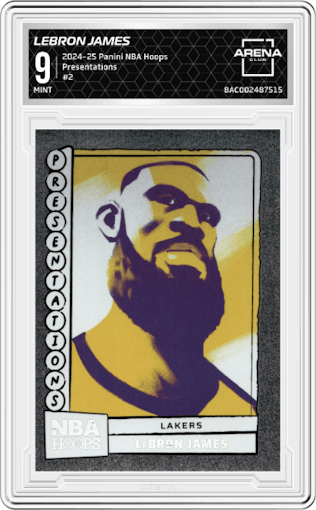 LeBron James from the 2024-25 Panini NBA Hoops set graded by Arena Club and given an overall grade of 9.