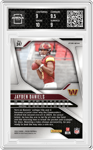 Jayden Daniels from the 2024 Panini Prizm set featuring a Green Wave parallel graded by Arena Club and given an overall grade of 9.5.