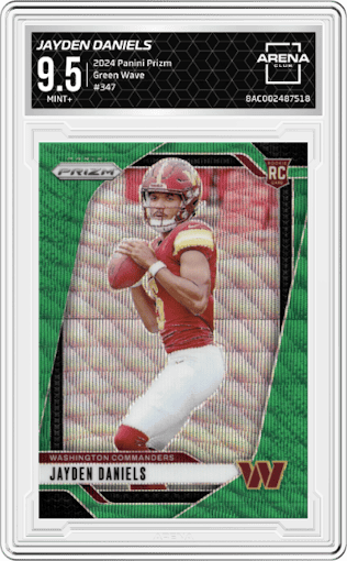 Jayden Daniels from the 2024 Panini Prizm set featuring a Green Wave parallel graded by Arena Club and given an overall grade of 9.5.