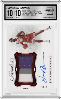 Harrison Barnes from the 2019-20 Panini Flawless set featuring a Ruby parallel graded by Arena Club and given an overall grade of 10.