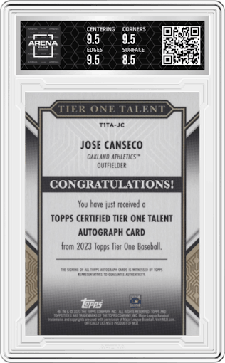Jose Canseco from the 2023 Topps Tier One set featuring a Bronze Ink  parallel graded by Arena Club and given an overall grade of 9.