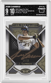 Jose Canseco from the 2023 Topps Tier One set featuring a Bronze Ink  parallel graded by Arena Club and given an overall grade of 9.