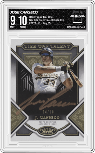 Jose Canseco from the 2023 Topps Tier One set featuring a Bronze Ink  parallel graded by Arena Club and given an overall grade of 9.