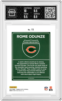 Rome Odunze from the 2024 Donruss Optic set graded by Arena Club and given an overall grade of 9.