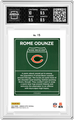 Rome Odunze from the 2024 Donruss Optic set graded by Arena Club and given an overall grade of 9.