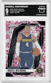 Russell Westbrook from the 2024-25 Panini Prizm set featuring a Choice Cherry Blossom parallel graded by Arena Club and given an overall grade of 9.