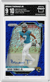 Brian Thomas Jr. from the 2024 Panini Prizm set featuring a Blue Shimmer parallel graded by Arena Club and given an overall grade of 9.