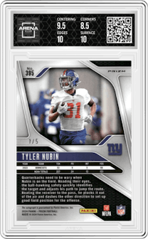 Tyler Nubin from the 2024 Panini Prizm set featuring a Green Shimmer parallel and given an overall grade of 9.