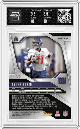 Tyler Nubin from the 2024 Panini Prizm set featuring a Green Shimmer parallel graded by Arena Club and given an overall grade of 9.