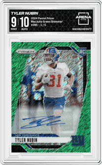 Tyler Nubin from the 2024 Panini Prizm set featuring a Green Shimmer parallel graded by Arena Club and given an overall grade of 9.