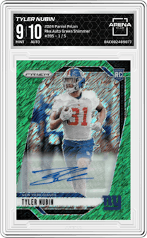Tyler Nubin from the 2024 Panini Prizm set featuring a Green Shimmer parallel and given an overall grade of 9.