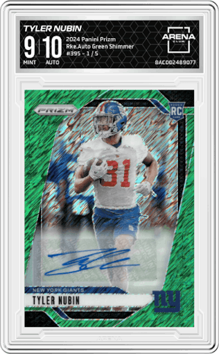Tyler Nubin from the 2024 Panini Prizm set featuring a Green Shimmer parallel graded by Arena Club and given an overall grade of 9.
