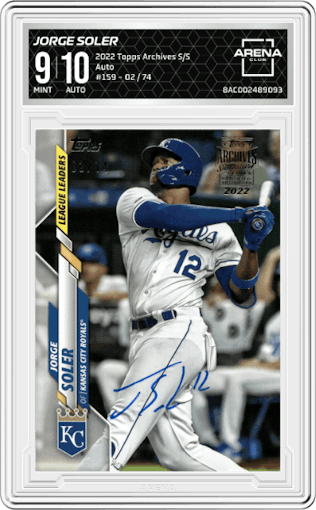 Jorge Soler from the 2022 Topps Archives Signature Series set graded by Arena Club and given an overall grade of 9.