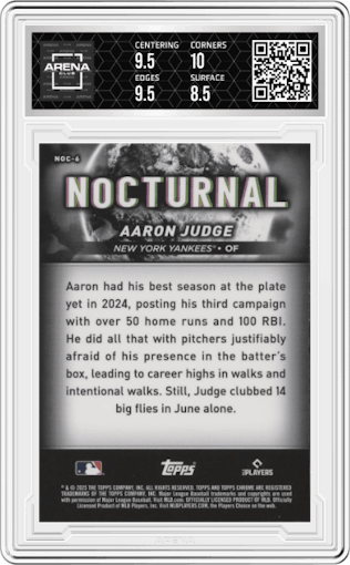 Aaron Judge from the 2025 Topps Chrome Black set graded by Arena Club and given an overall grade of 9.