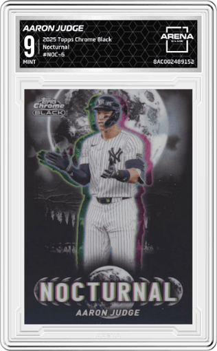Aaron Judge from the 2025 Topps Chrome Black set graded by Arena Club and given an overall grade of 9.