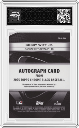 Bobby Witt Jr. from the 2025 Topps Chrome Black set featuring a Gold Refractor parallel graded by Arena Club.