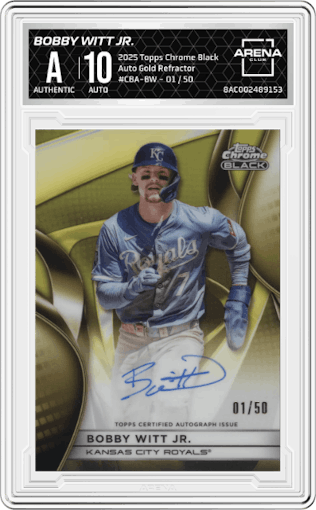 Bobby Witt Jr. from the 2025 Topps Chrome Black set featuring a Gold Refractor parallel graded by Arena Club.