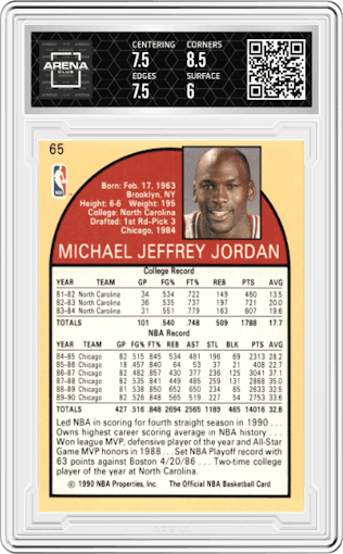 Michael Jordan from the 1990-91 NBA Hoops set graded by Arena Club and given an overall grade of 6.5.