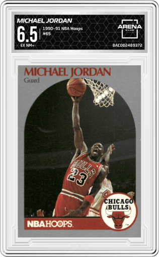 Michael Jordan from the 1990-91 NBA Hoops set graded by Arena Club and given an overall grade of 6.5.