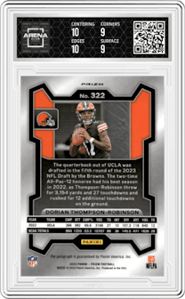 Dorian Thompson-Robinson from the 2023 Panini Prizm set featuring a Pink Prizm parallel graded by Arena Club and given an overall grade of 9.5.
