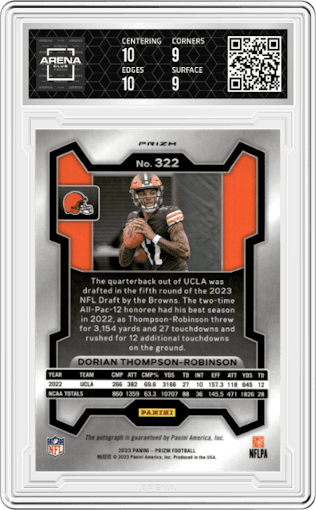 Dorian Thompson-Robinson from the 2023 Panini Prizm set featuring a Pink Prizm parallel graded by Arena Club and given an overall grade of 9.5.