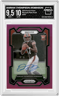 Dorian Thompson-Robinson from the 2023 Panini Prizm set featuring a Pink Prizm parallel graded by Arena Club and given an overall grade of 9.5.