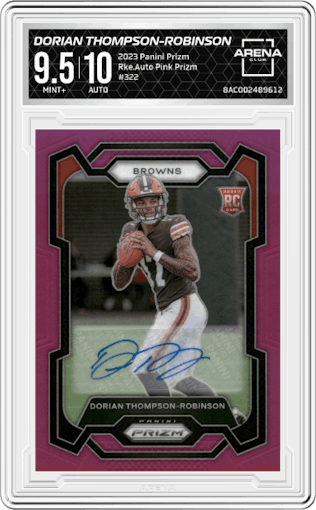 Dorian Thompson-Robinson from the 2023 Panini Prizm set featuring a Pink Prizm parallel graded by Arena Club and given an overall grade of 9.5.