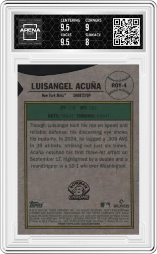 Luisangel Acuna from the 2025 Bowman set graded by Arena Club and given an overall grade of 8.5.