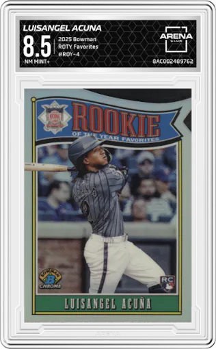 Luisangel Acuna from the 2025 Bowman set graded by Arena Club and given an overall grade of 8.5.