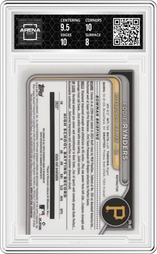 Eddie Rynders from the 2024 Bowman Draft set featuring a Refractor parallel graded by Arena Club and given an overall grade of 8.5.