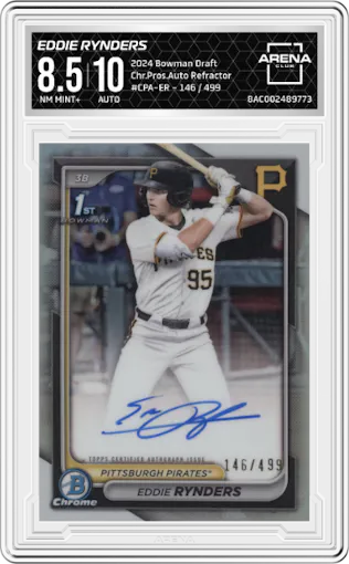 Eddie Rynders from the 2024 Bowman Draft set featuring a Refractor parallel graded by Arena Club and given an overall grade of 8.5.