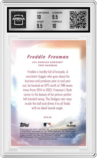 Freddie Freeman from the 2024 Topps Update set featuring a Gold parallel graded by Arena Club and given an overall grade of 10.