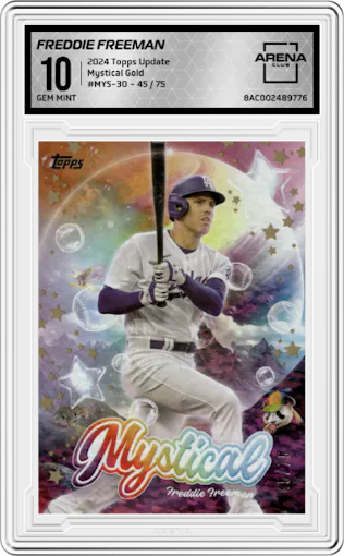 Freddie Freeman from the 2024 Topps Update set featuring a Gold parallel graded by Arena Club and given an overall grade of 10.