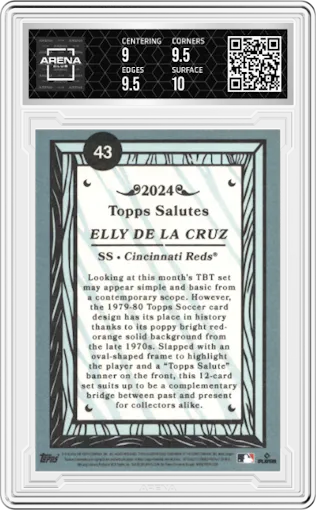Elly De La Cruz from the 2024 Topps Throwback Thursday set graded by Arena Club and given an overall grade of 9.5.