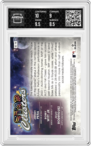 Jeremy Pena/Bobby Witt Jr./Julio Rodriguez from the 2023 Topps Cosmic Chrome set graded by Arena Club and given an overall grade of 9.