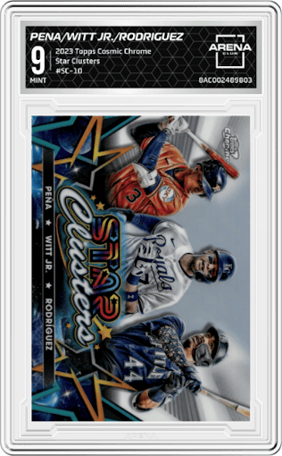 Jeremy Pena/Bobby Witt Jr./Julio Rodriguez from the 2023 Topps Cosmic Chrome set graded by Arena Club and given an overall grade of 9.
