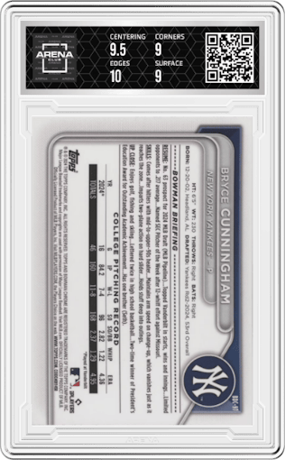 Bryce Cunningham from the 2024 Bowman Draft set graded by Arena Club and given an overall grade of 9.5.