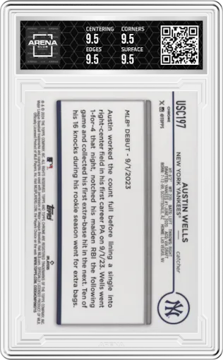 Austin Wells from the 2024 Topps Chrome Update set graded by Arena Club and given an overall grade of 9.5.